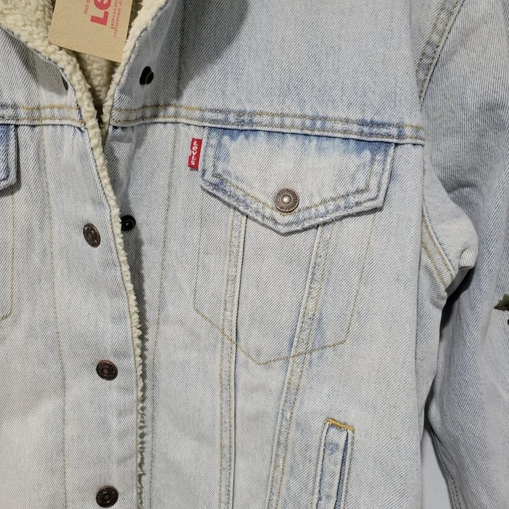 Women's Blue Ex-boyfriend Floral-embroidered Denim Sherpa Trucker Jack… - Picture 12 of 12